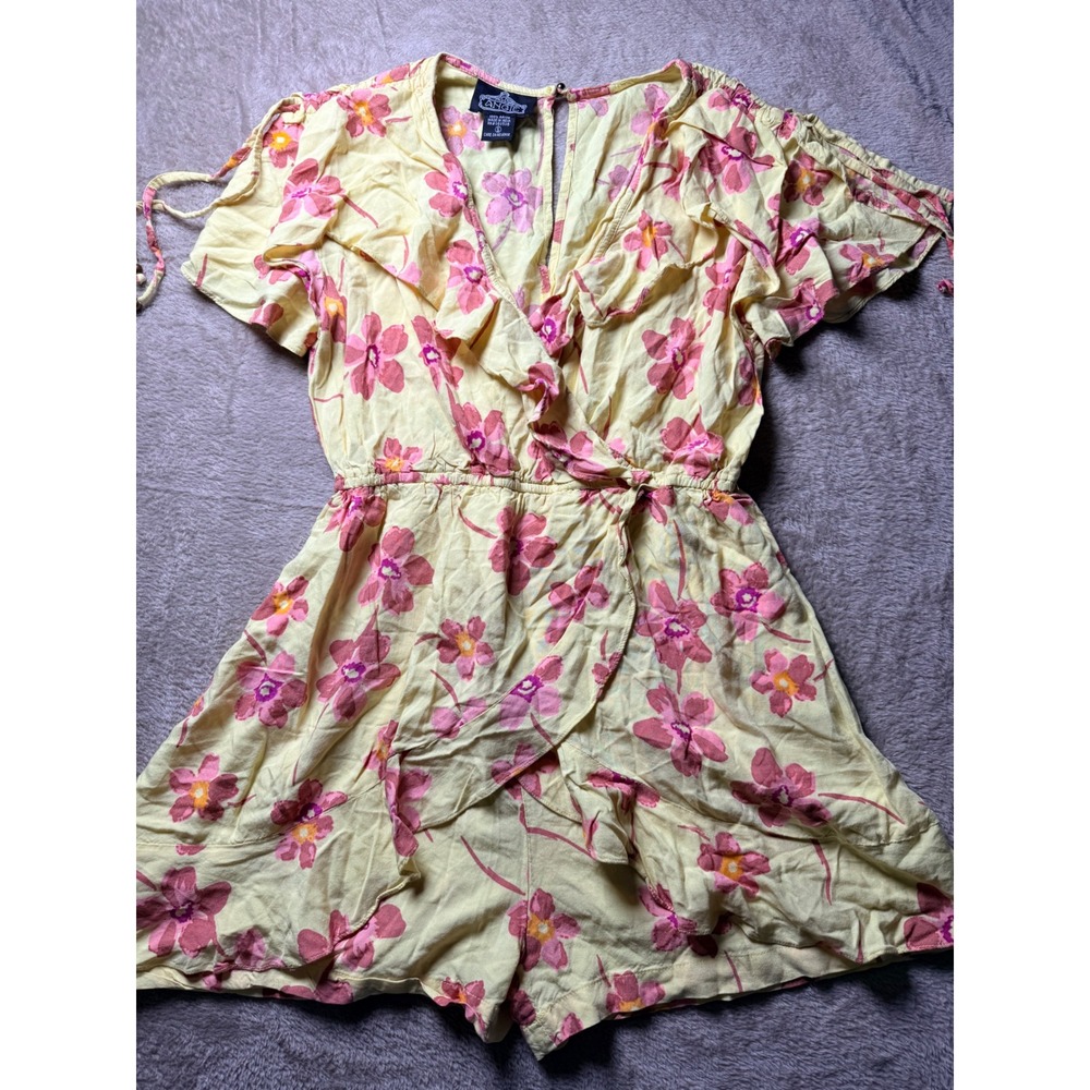 Angie Floral Ruffle Romper Women Small Pink Hibiscus Boho Summer y2K Cottage